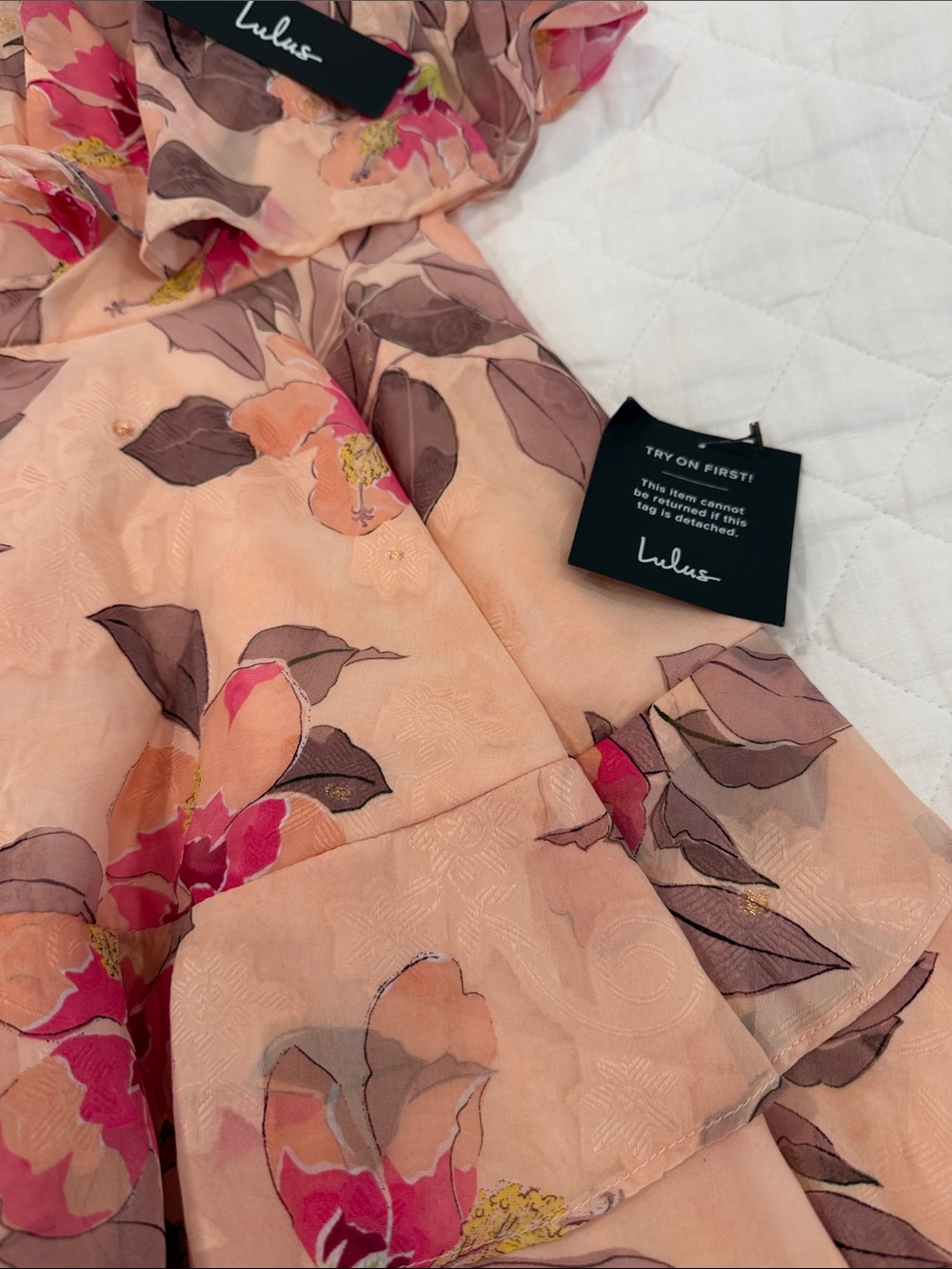 Lulu's Peach Floral Off-Shoulder Ruffle Dress - Picture 2 of 5